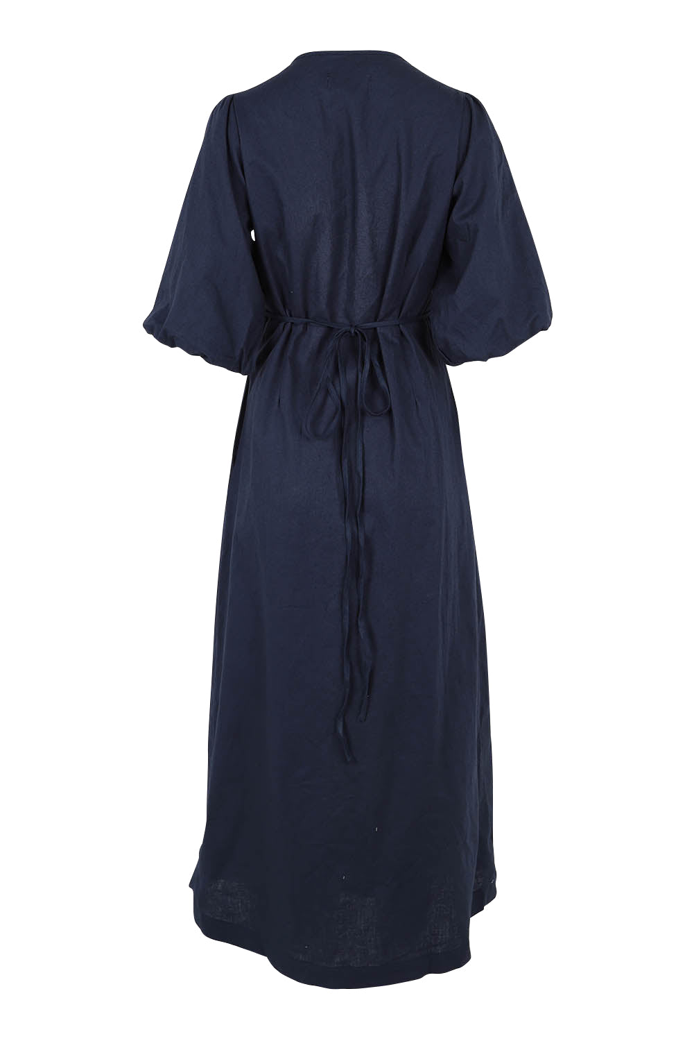 Product shot of the Linen Cotton Puff Sleeve Wrap Dress in colour Navy (Blue), from the back