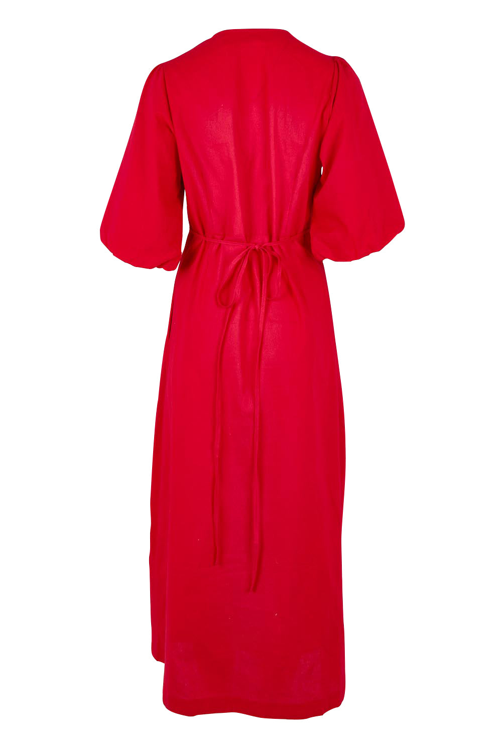 Product shot of the Linen Cotton Puff Sleeve Wrap Dress in colour Rubyred (Red), from the back