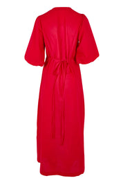 Product shot of the Linen Cotton Puff Sleeve Wrap Dress in colour Rubyred (Red), from the back