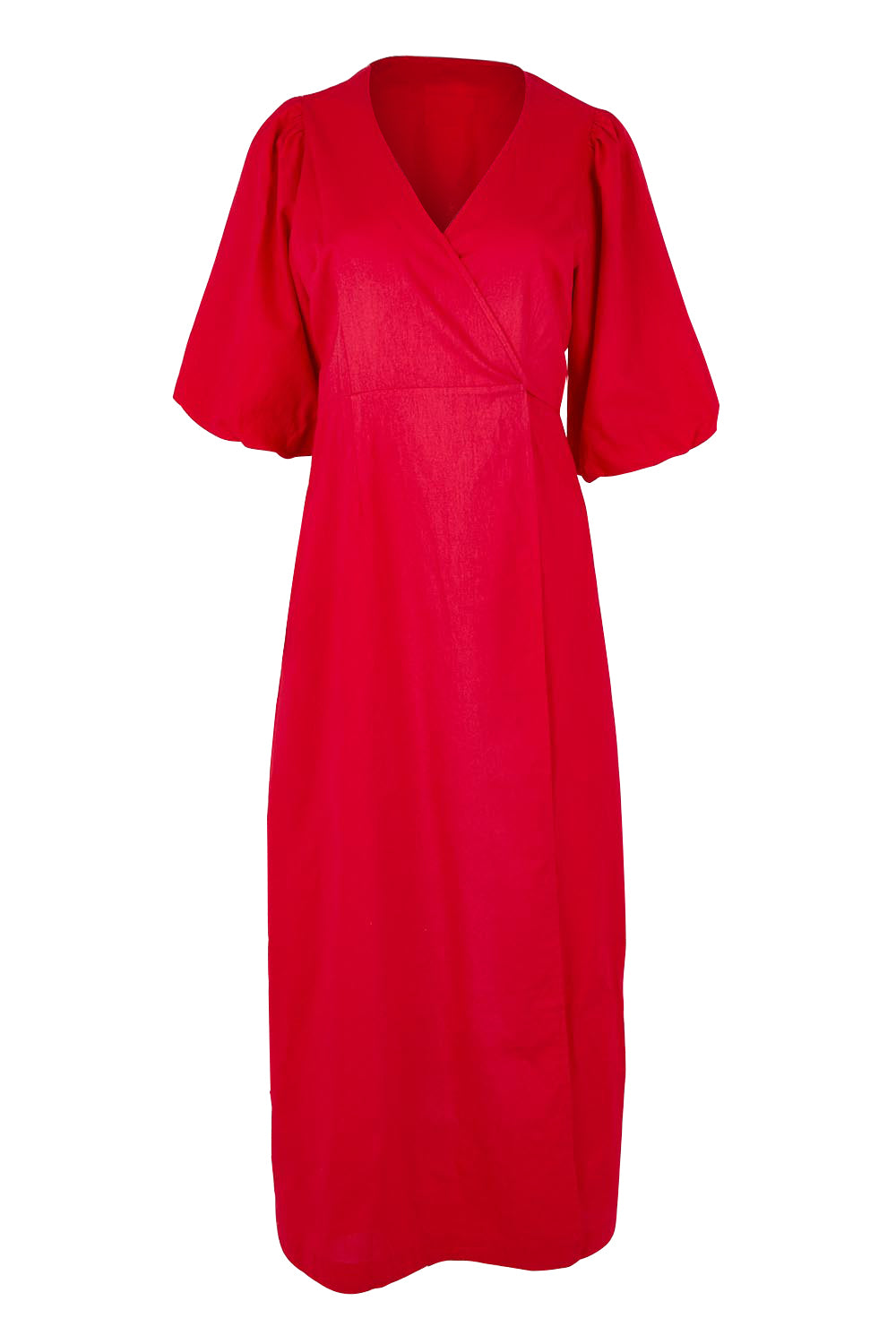 Product shot of the Linen Cotton Puff Sleeve Wrap Dress in colour Rubyred (Red), from the front