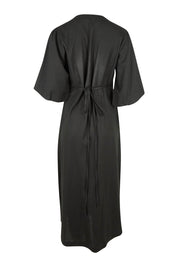 Product shot of the Linen Cotton Blend Wrap Dress in colour Black (Black), from the back