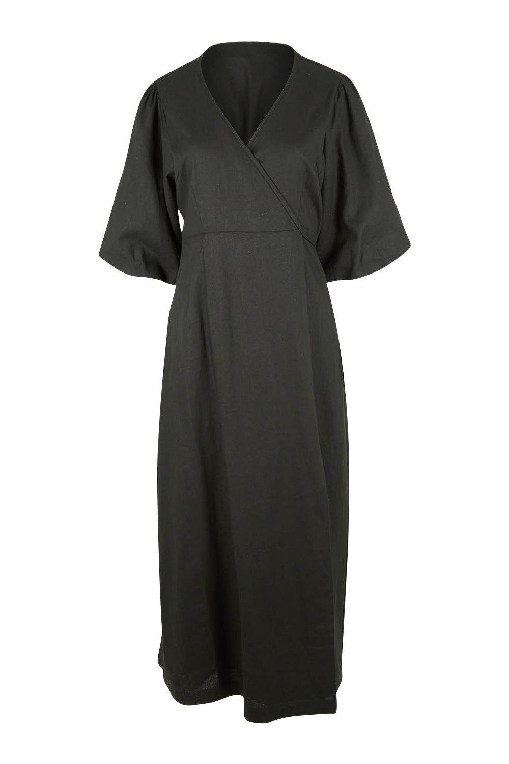Product shot of the Linen Cotton Blend Wrap Dress in colour Black (Black), from the front