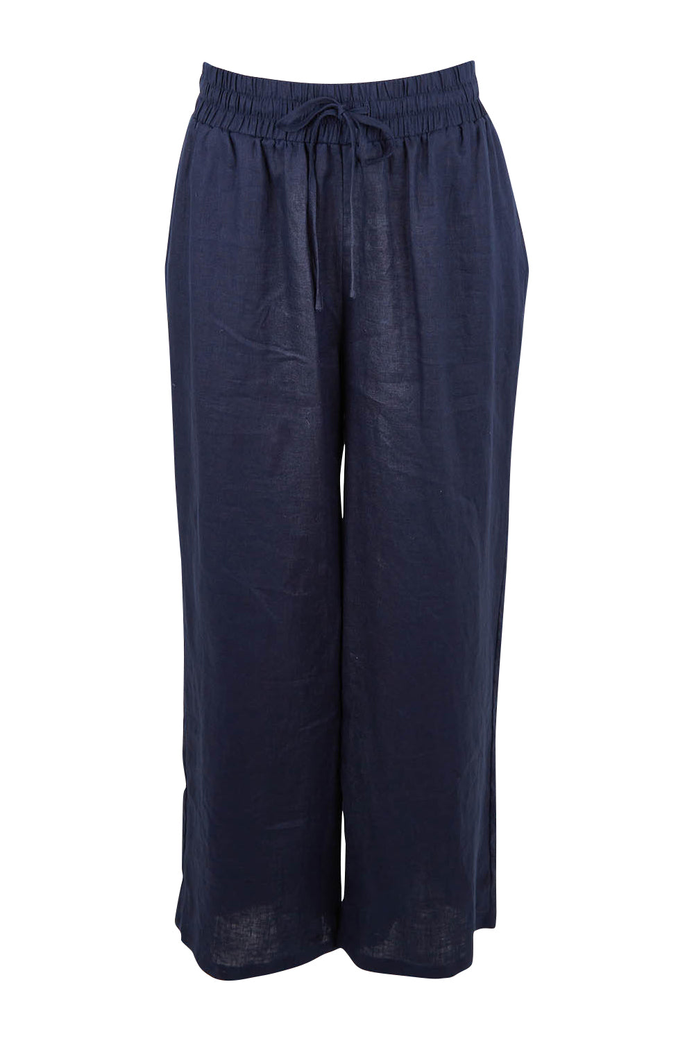 Product shot of the Linen Relaxed Pants in colour Navy (Blue), from the front