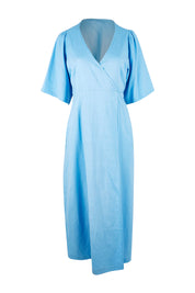 Product shot of the Linen Cotton Blend Short Sleeve Wrap Dress in colour Lightblue (Blue), from the front