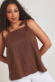 Model Terri-Leigh wearing size 14 of the Linen Cotton Tie Top in colour Chocolate, from the front, cropped image