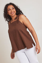 Model Terri-Leigh wearing size 14 of the Linen Cotton Tie Top in colour Chocolate, from the front, cropped image