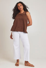 Model Terri-Leigh wearing size 14 of the Linen Cotton Tie Top in colour Chocolate, from the front, showing the whole outfit