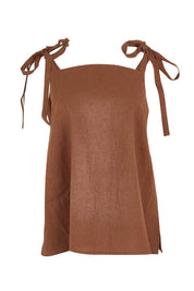 Product shot of the Linen Cotton Tie Top in colour Chocolate, from the front
