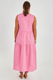 Model Monique wearing size 14 of the Linen Cotton Sleeveless Maxi Dress in colour Pink (Pink), from the back