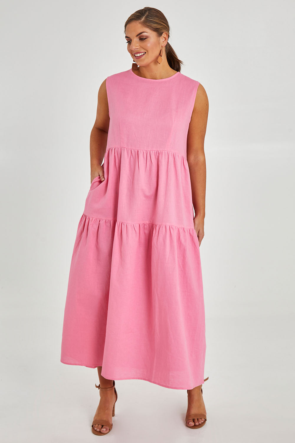 Model Monique wearing size 14 of the Linen Cotton Sleeveless Maxi Dress in colour Pink (Pink), from the front, showing the whole outfit