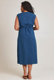 Model Terri-Leigh wearing size 14 of the Cotton Pleat Detail Dress in colour Blue (Blue), from the back