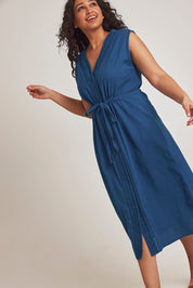 Model Terri-Leigh wearing size 14 of the Cotton Pleat Detail Dress in colour Blue (Blue), from the front, cropped image