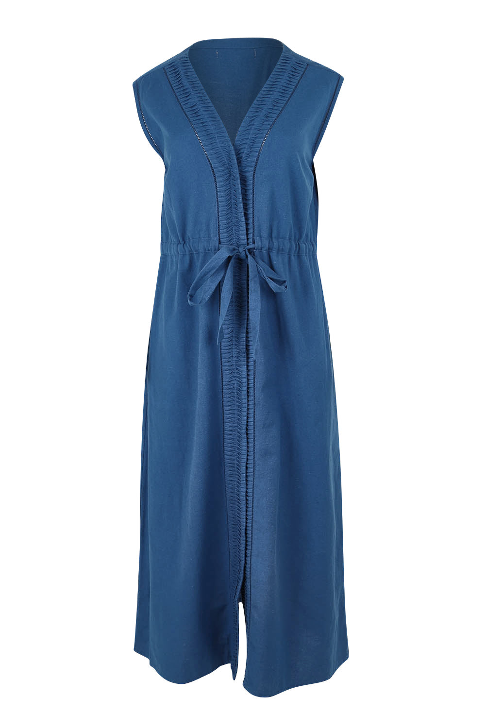 Product shot of the Cotton Pleat Detail Dress in colour Blue (Blue), from the front