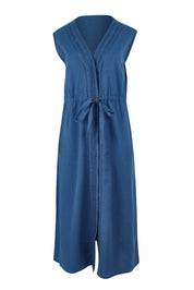 Product shot of the Cotton Pleat Detail Dress in colour Blue (Blue), from the front
