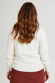 Model Laura wearing size L of the Cotton Cashmere Crew Neck Sweater in colour Snow (White), from the back