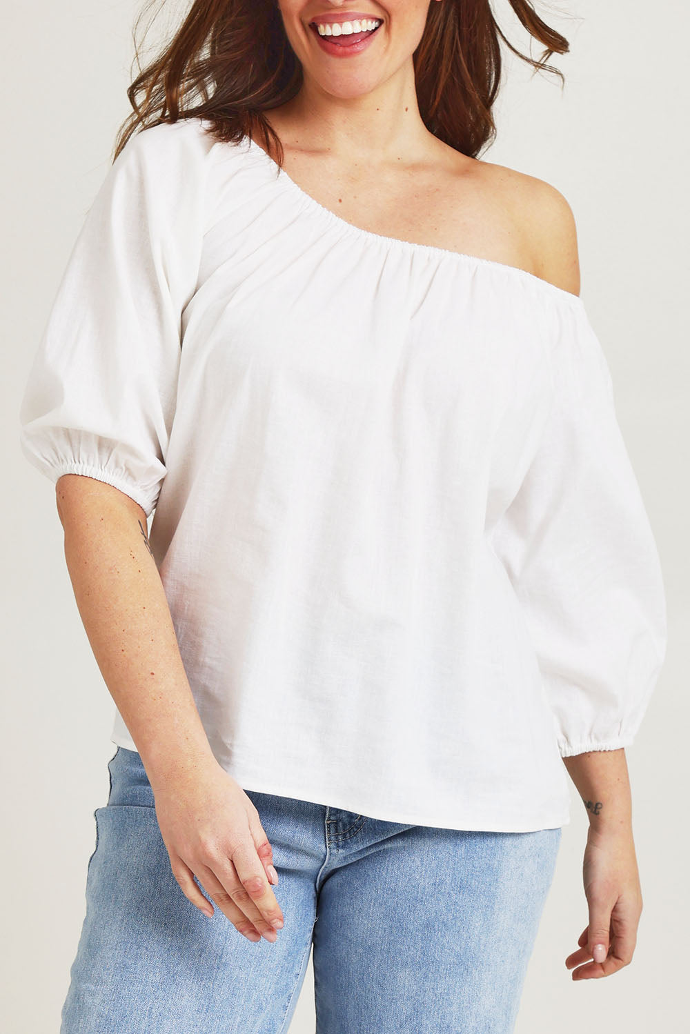 Model Jane wearing size 14 of the Linen Cotton Gathered Neckline Blouse in colour White (White), from the front, cropped image