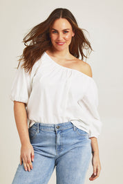 Model Jane wearing size 14 of the Linen Cotton Gathered Neckline Blouse in colour White (White), from the front, cropped image