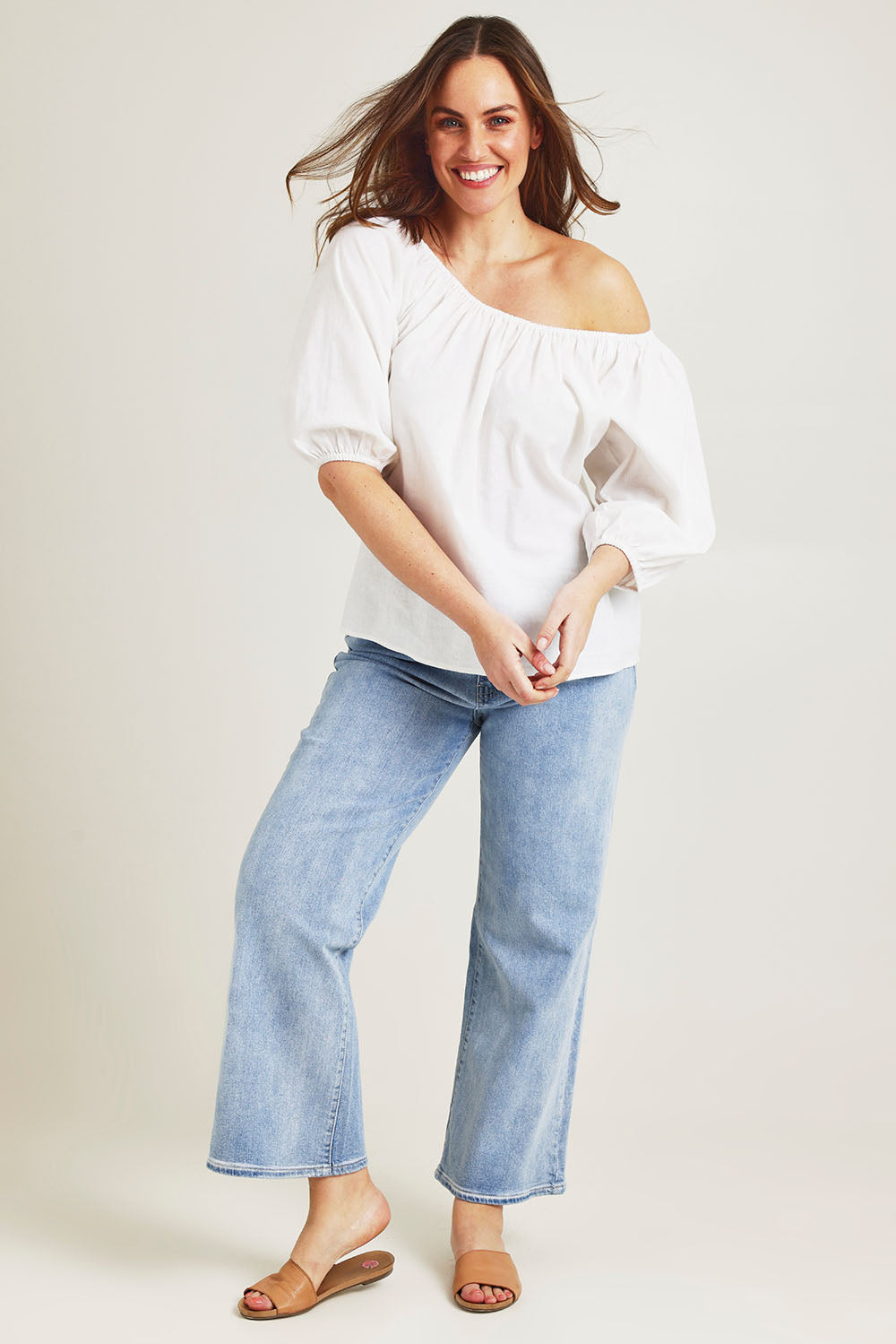 Model Jane wearing size 14 of the Linen Cotton Gathered Neckline Blouse in colour White (White), from the front, showing the whole outfit