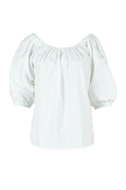 Product shot of the Linen Cotton Gathered Neckline Blouse in colour White (White), from the front