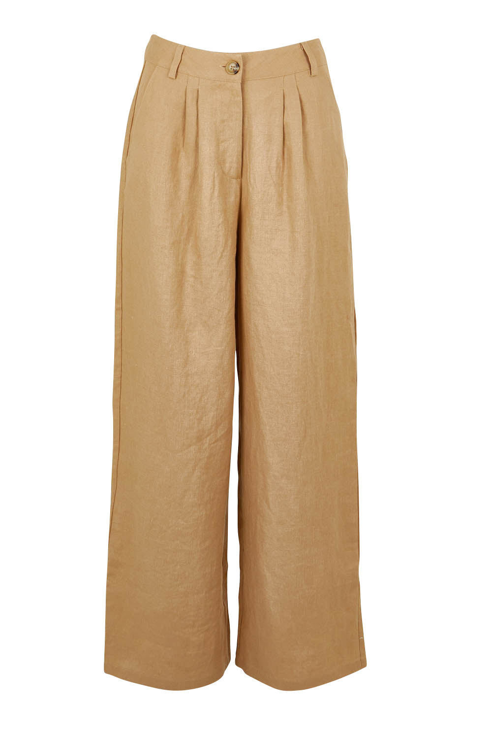 Product shot of the Linen Straight Leg Pant in colour Brownsugar, from the front