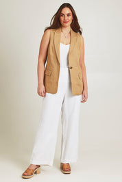 Model Jane wearing size 14 of the Linen Jacket Vest in colour Brownsugar, from the front, showing the whole outfit