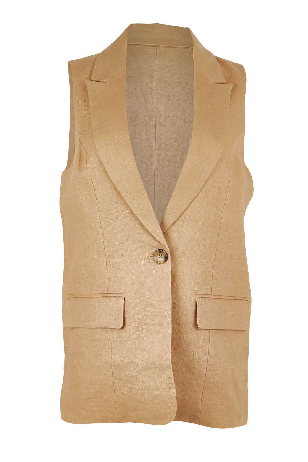 Product shot of the Linen Jacket Vest in colour Brownsugar, from the front