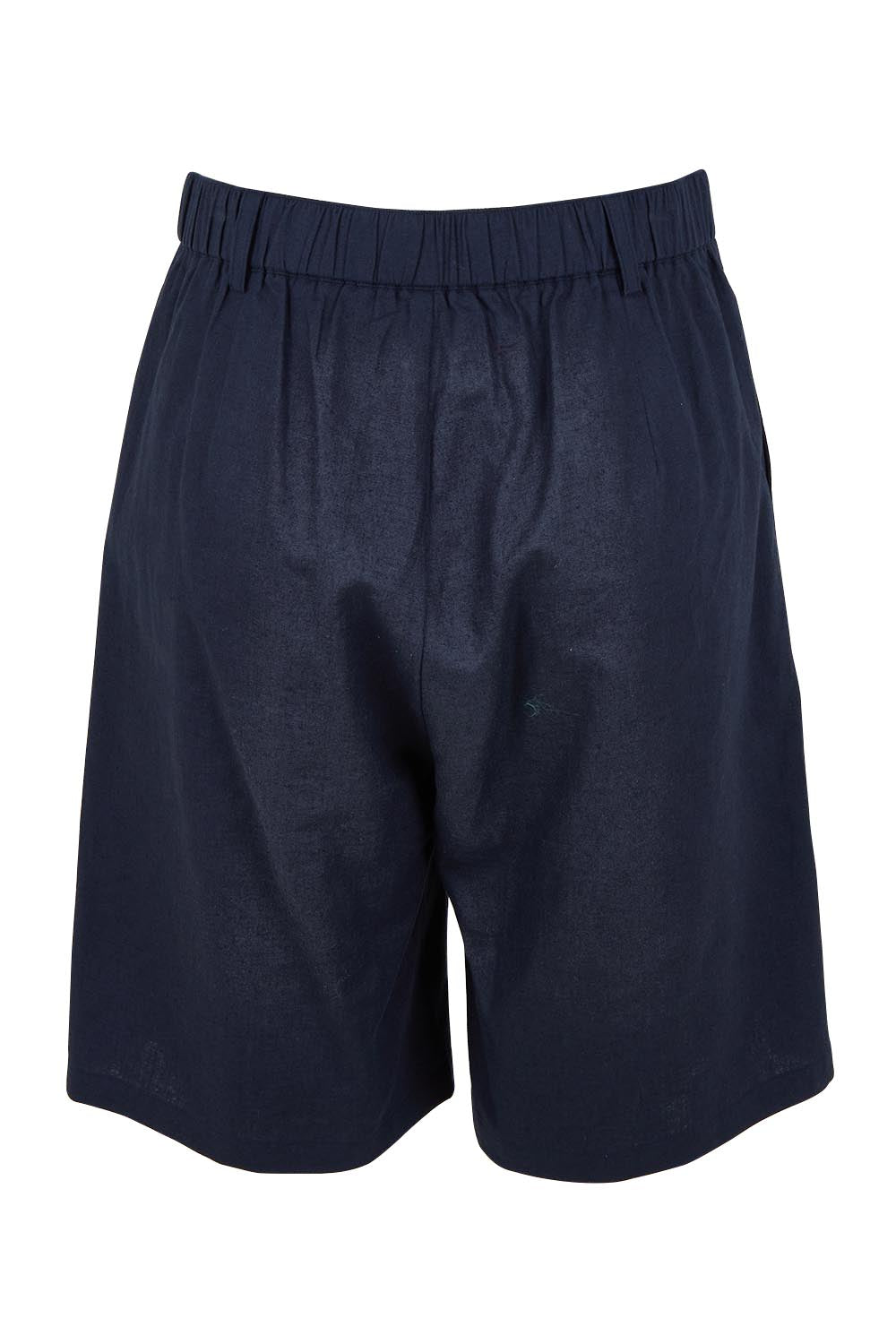 Product shot of the Linen Cotton Long Short in colour Navy (Blue), from the back