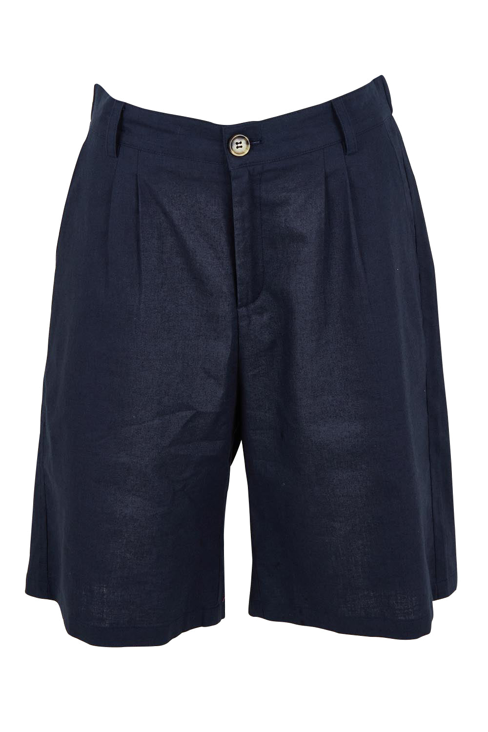 Product shot of the Linen Cotton Long Short in colour Navy (Blue), from the front