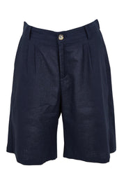 Product shot of the Linen Cotton Long Short in colour Navy (Blue), from the front
