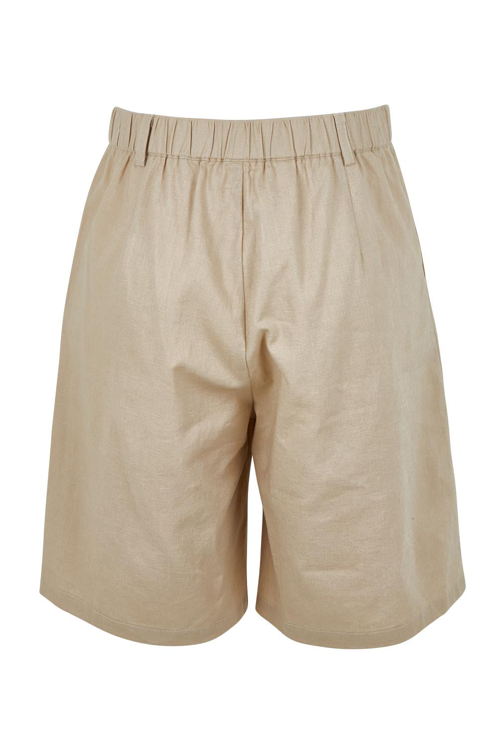 Product shot of the Linen Cotton Long Short in colour Stone, from the back