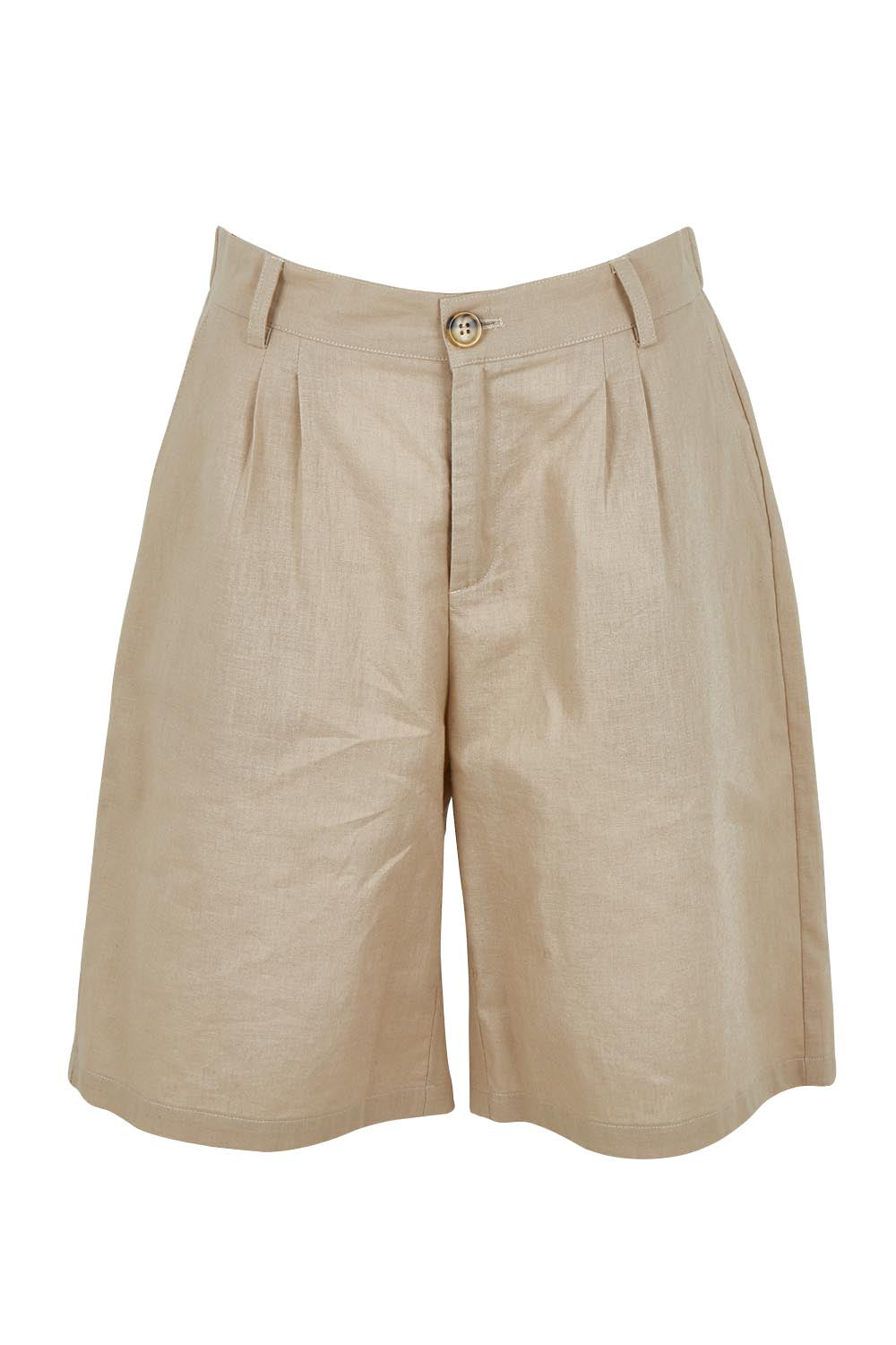 Product shot of the Linen Cotton Long Short in colour Stone, from the front