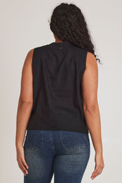 Model Terri-Leigh wearing size 14 of the Linen Cotton Split Hem Tank in colour Black (Black), from the back
