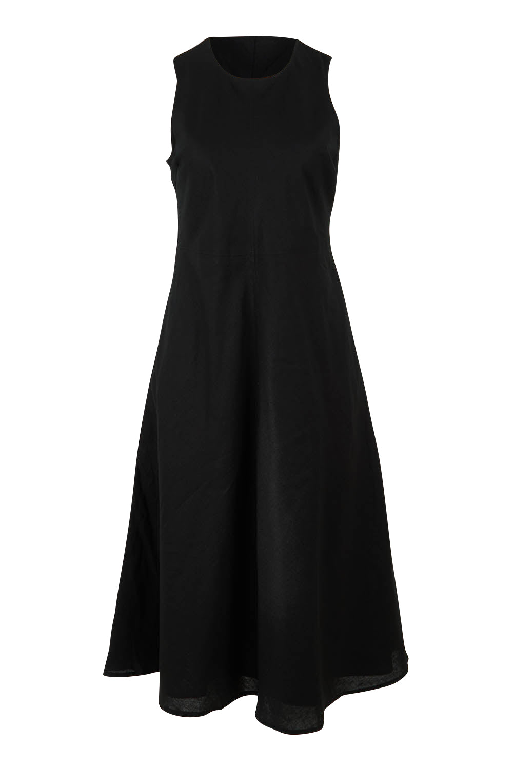 Product shot of the Linen Cotton Midi Bias Dress in colour Black (Black), from the front