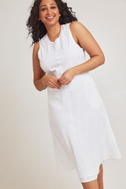 Model Terri-Leigh wearing size 14 of the Linen Cotton Midi Bias Dress in colour White (White), from the front, cropped image