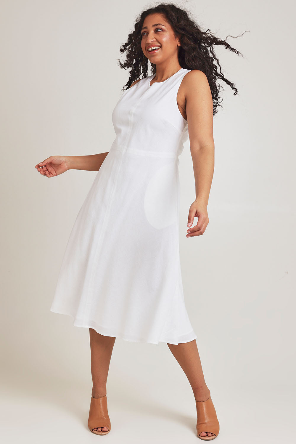 Model Terri-Leigh wearing size 14 of the Linen Cotton Midi Bias Dress in colour White (White), from the front, showing the whole outfit
