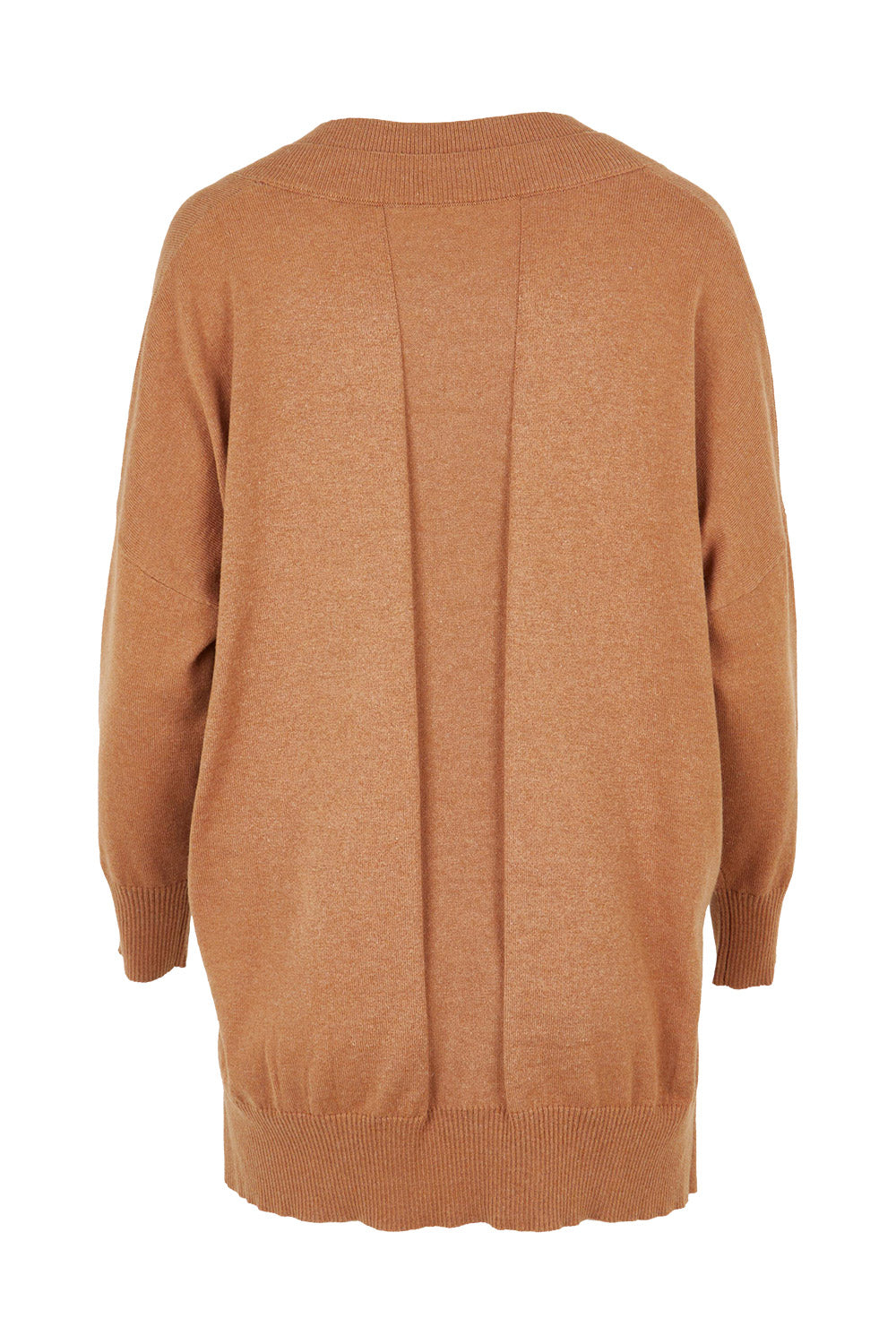 Product shot of the Cotton Cashmere V Neck Sweater in colour Caramel, from the back