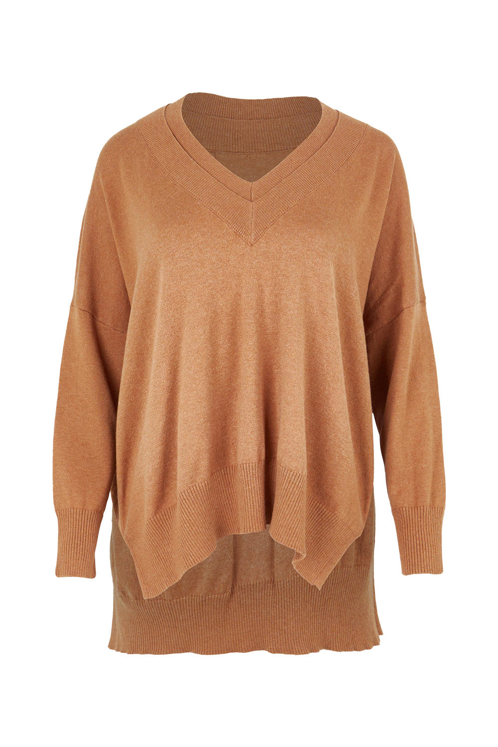 Product shot of the Cotton Cashmere V Neck Sweater in colour Caramel, from the front