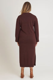 Model Chanel wearing size XL of the Cotton Wool Cashmere Jumper Dress in colour Coco, from the back