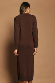 Model Madeline wearing size S of the Cotton Wool Cashmere Jumper Dress in colour Coco, from the back