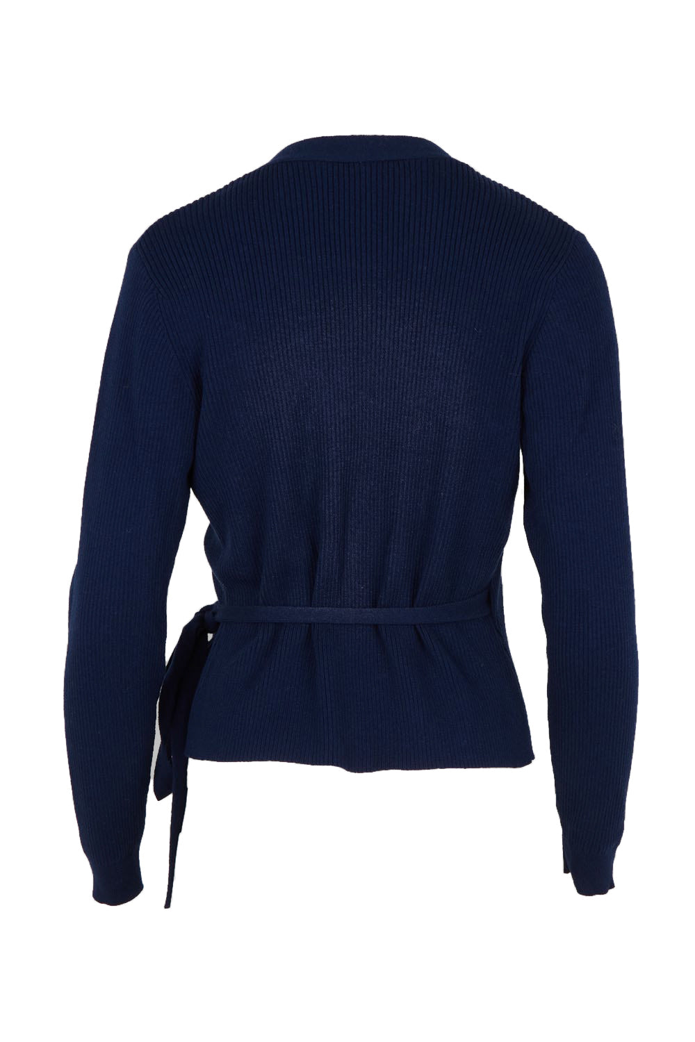 Product shot of the Cotton Cashmere Ribbed Wrap Top – Navy in colour Navy, from the back