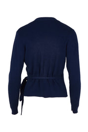 Product shot of the Cotton Cashmere Ribbed Wrap Top – Navy in colour Navy, from the back