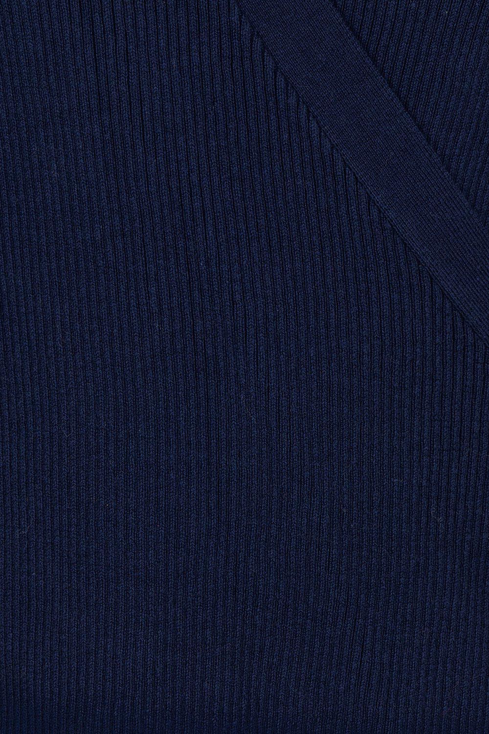 Product shot of the Cotton Cashmere Ribbed Wrap Top – Navy in colour Navy, showing detail