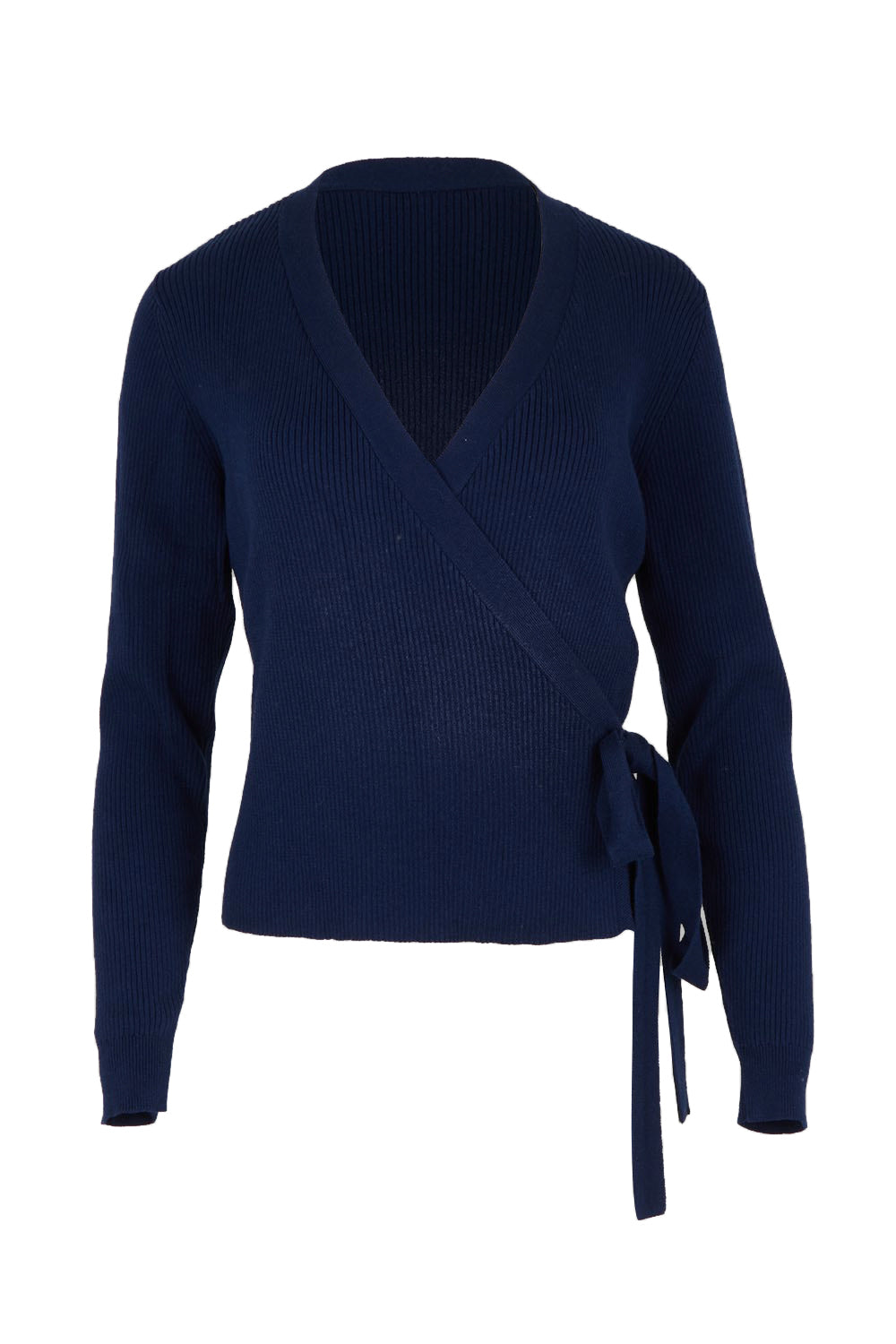 Product shot of the Cotton Cashmere Ribbed Wrap Top – Navy in colour Navy, from the front