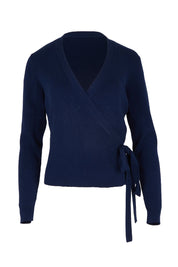 Product shot of the Cotton Cashmere Ribbed Wrap Top – Navy in colour Navy, from the front
