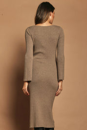 Model Madeline wearing size S of the Cotton Cashmere Boat Neck Dress in colour Timberwolf, from the back