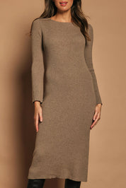 Model Madeline wearing size S of the Cotton Cashmere Boat Neck Dress in colour Timberwolf, from the front, cropped image