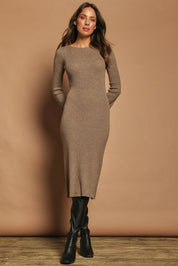 Model Madeline wearing size S of the Cotton Cashmere Boat Neck Dress in colour Timberwolf, from the front, showing the whole outfit