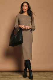 Model Madeline wearing size S of the Cotton Cashmere Boat Neck Dress in colour Timberwolf, from the front, showing the whole outfit