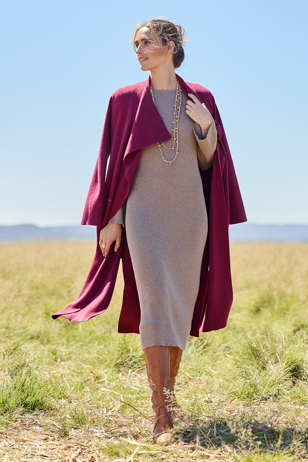 Model Tegan wearing size S of the Cotton Cashmere Boat Neck Dress in colour Timberwolf, from the front, showing the whole outfit
