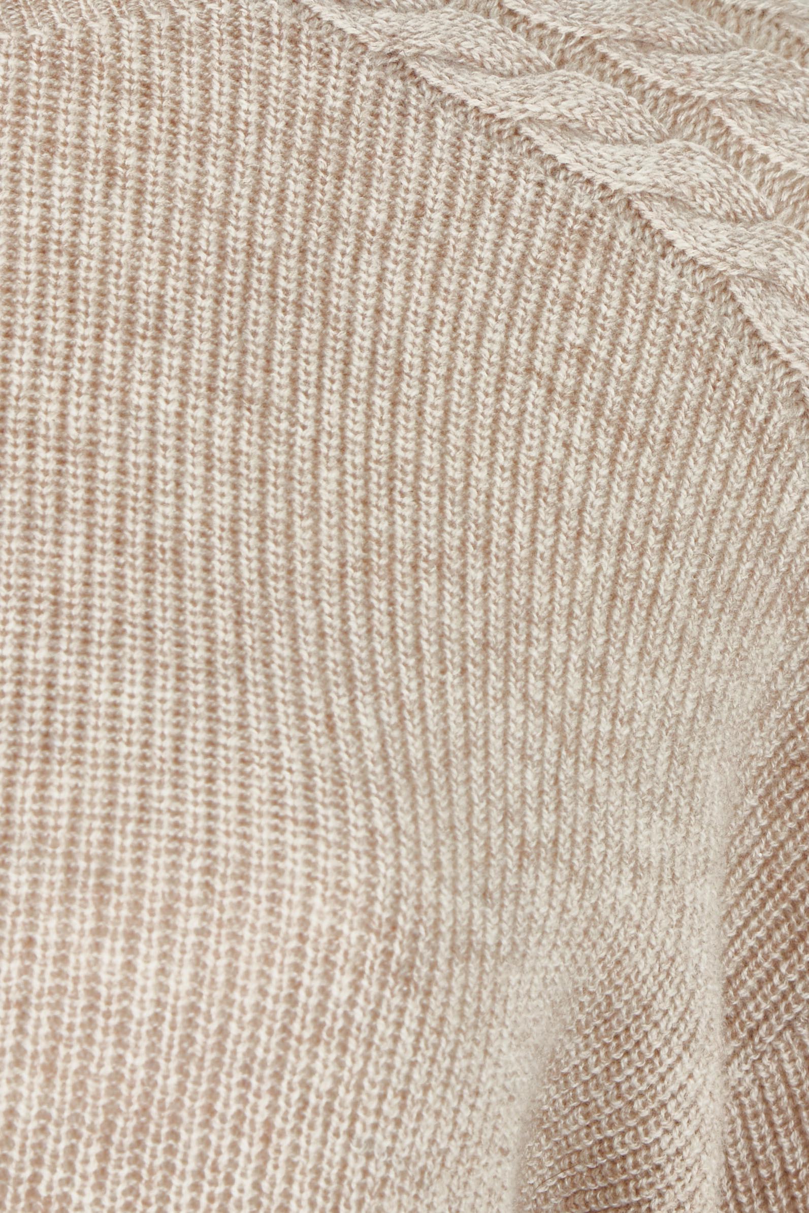 Product shot of the Wool Cashmere Shoulder Cable Knit Sweater in colour Fawn, detail